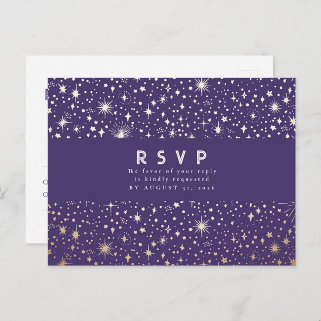 Cartão Postal Resposta de Casamento Roxo e Dourado Noite Estrela (Frente/Verso)