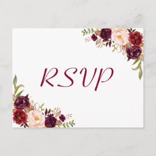Cartão Postal Resposta de RSVP de casamento floral Burgundy Blus