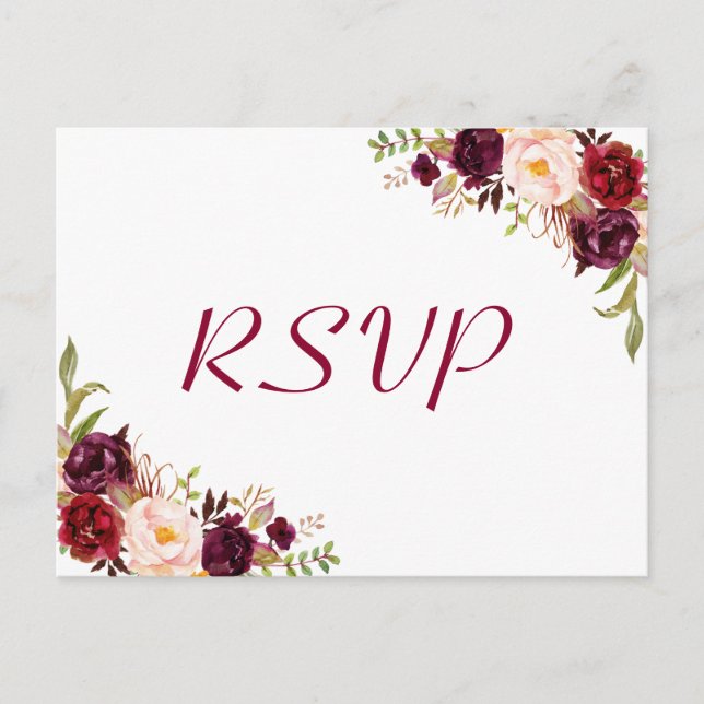 Cartão Postal Resposta de RSVP de casamento floral Burgundy Blus (Frente)