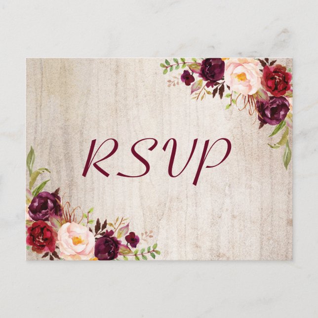 Cartão Postal Resposta RSVP de Casamento Floral Rustic Wood Burg (Frente)
