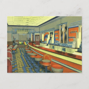 Cartão Postal Restaurante Vintage, Diner Interior Do Lado Da Est
