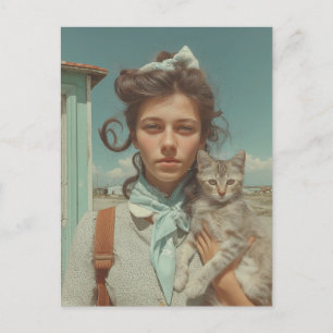 Cartão Postal Retrato Antigo de Menina Segurando Gatinho