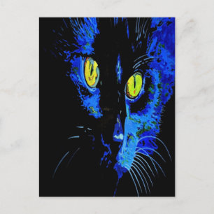 Cartão Postal Retrato Artístico De Gato Negro Com Amarelo Em Gre