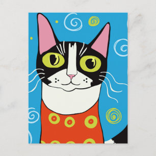 Cartão Postal Retrato Caprichoso de Gato Preto e Branco Fofo