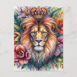 Cartão Postal Retrato Crown Floral de Aquarela Vestida ao Leão
