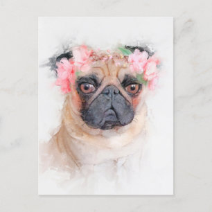 Cartão Postal Retrato da Coroa Flor de Pug Adorável