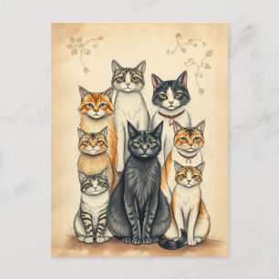 Cartão Postal Retrato da Família Cat Inspirado na Vintage