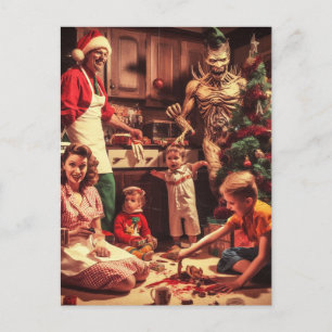 Cartão Postal Retrato da Família Retro de Horror de Natal assust