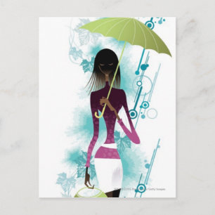 Cartão Postal Retrato da jovem segurando bolsa e guarda-chuva