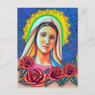 Cartão Postal Retrato da Mãe Maria com Rosas vermelhas