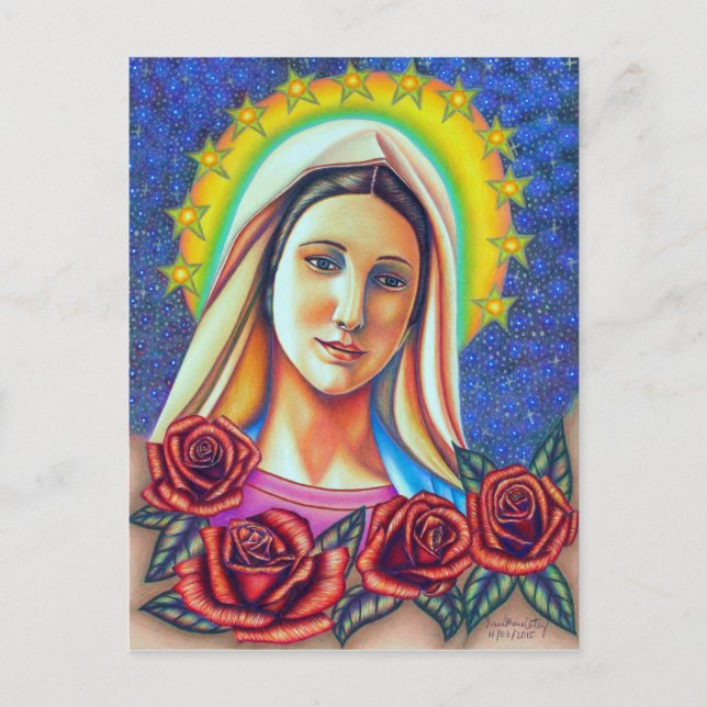 Cartão Postal Retrato da Mãe Maria com Rosas vermelhas (Frente)