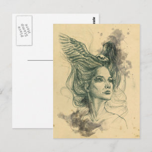 Cartão Postal Retrato da Mulher Fantasia Crânio de pássaro Surre