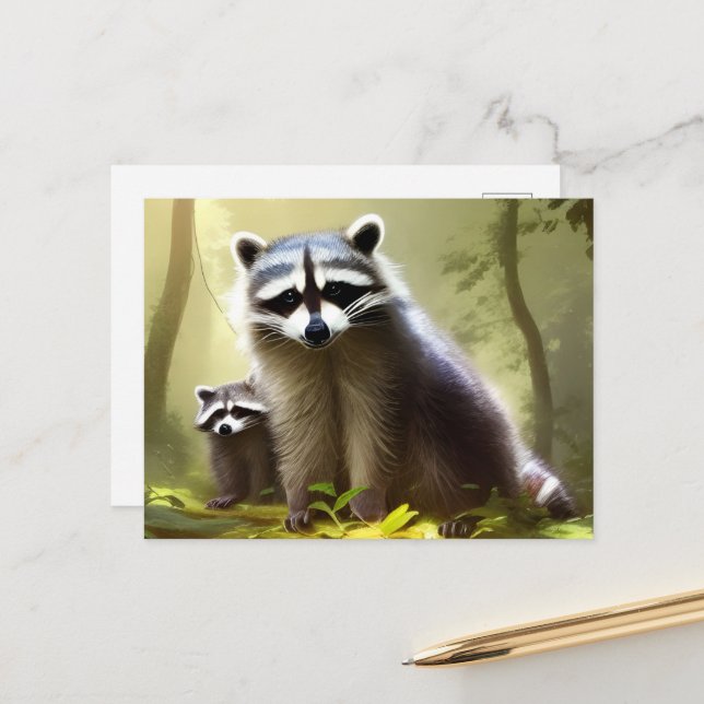 Cartão Postal Retrato da Vida Selvagem da Família Raccoon (Frente/Verso In Situ)