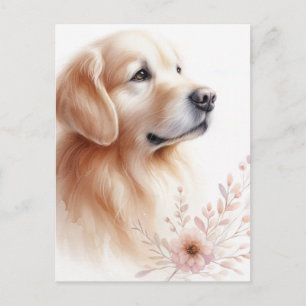 Cartão Postal Retrato de Aquarela Floral do ouro Retriever