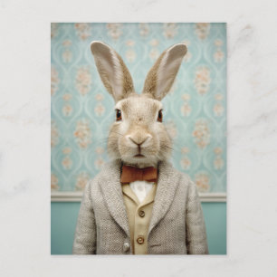 Cartão Postal Retrato de Coelho Elegante Estilo Vintage