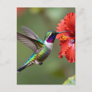 Cartão Postal Retrato de Flor de Hibisco com Beija-flor Iridesce