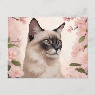 Cartão Postal Retrato de Gato Balinês com Flores em Flor 