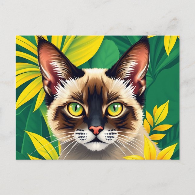 Cartão Postal Retrato de Gato Balinês Vibrante Cercado por Tropi (Frente)