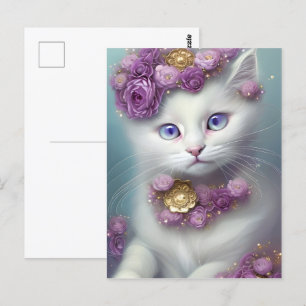 Cartão Postal Retrato de Gato Branco Floral Caprichoso