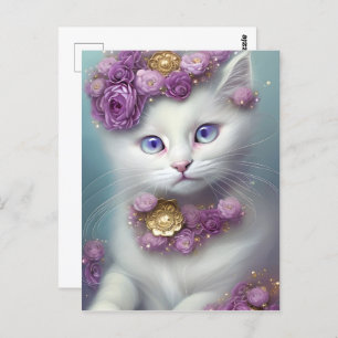 Cartão Postal Retrato de Gato Branco Floral Whimsical