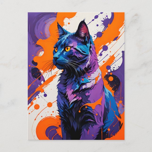 Cartão Postal Retrato de Gato Cubista Vibrante (Frente)