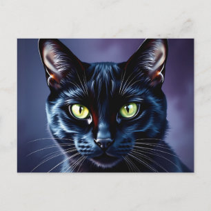 Cartão Postal Retrato de Gato Negro com Olhos Verdes