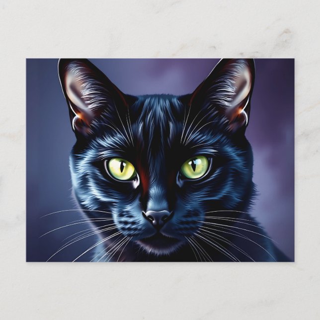 Cartão Postal Retrato de Gato Preto com Olhos Verdes (Frente)