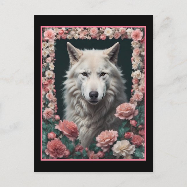Cartão Postal Retrato de lobo com flores (Frente)