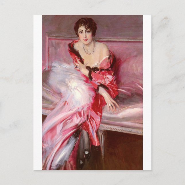 Cartão Postal Retrato de Madame Juillard em vermelho por Boldini (Frente)