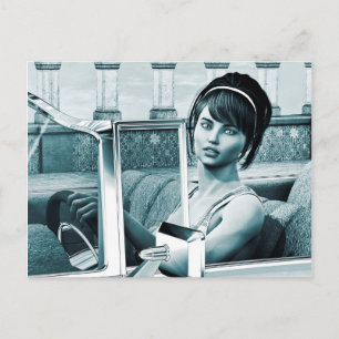 Cartão Postal Retrato de Mulher Glamour Azul Vintage
