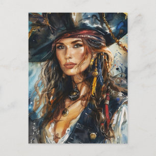 Cartão Postal Retrato de Mulher Pirata em Aquarela
