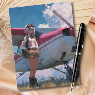 Cartão Postal Retrato de Piloto Feminina Diversão Kawaii Aviação