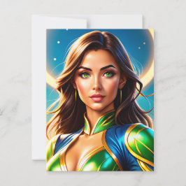 Cartão Postal Retrato de super-herói feminino na armo esmeralda 