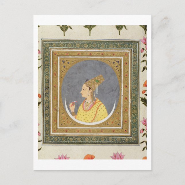 Cartão Postal Retrato de uma senhora segurando uma pétala de lót (Frente)