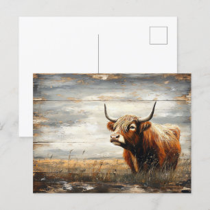 Cartão Postal Retrato de Vaca Highland em Madeira Atacada