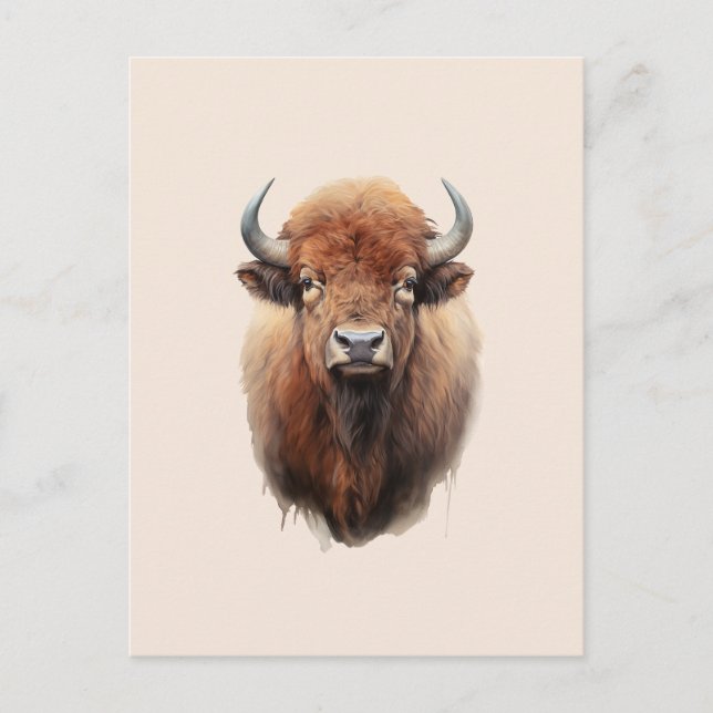 Cartão Postal Retrato de Watercolor Bison (Frente)