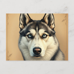 Cartão Postal Retrato detalhado de um Husky Siberiano com Vintag