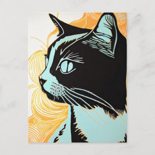 Cartão Postal Retrato do Linocut de um Cat em Perfil