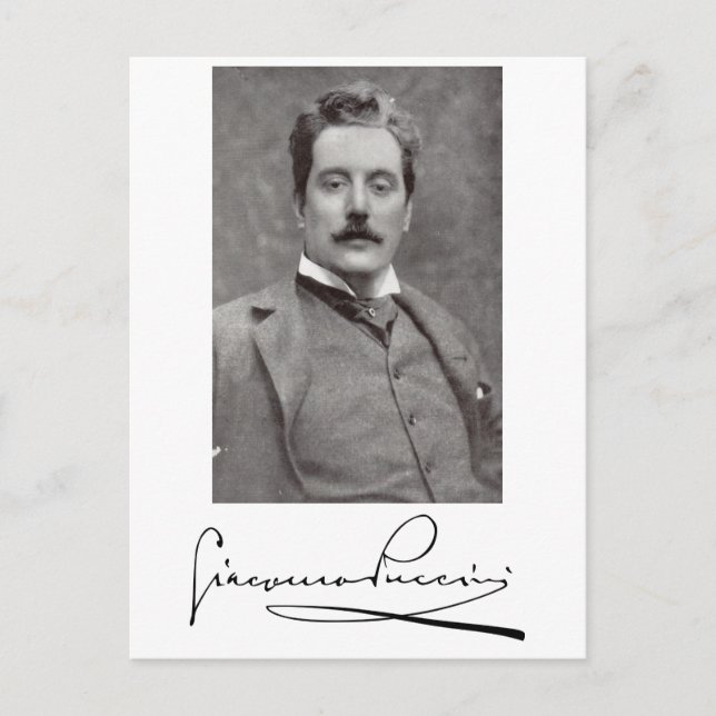 Cartão Postal Retrato e assinatura de Giacomo Puccini (Frente)