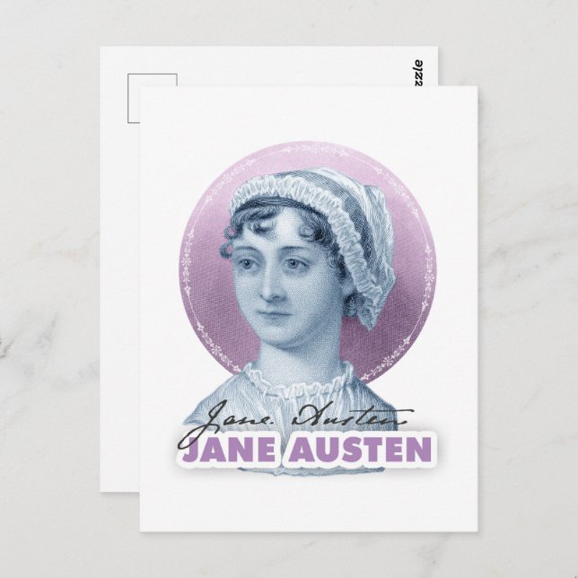 Cartão Postal Retrato e assinatura de Jane Austen rosa (Frente/Verso)