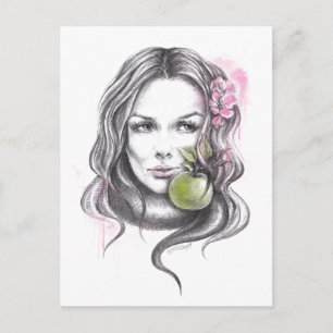 Cartão Postal Retrato feminino com maçã e flor Arte surreal