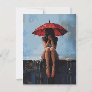 Cartão Postal Retrato Feminino Emocional com Guarda-Chuva Vermel