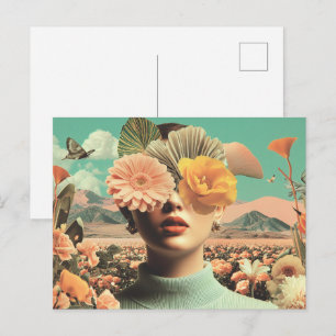Cartão Postal Retrato Feminino Surrealista com Flores Cobrindo o
