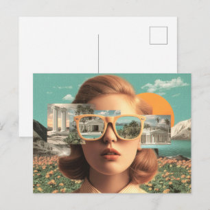 Cartão Postal Retrato feminino surrealista com óculos de sol ret