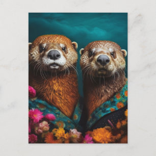 Cartão Postal Retrato Floral das Otters Cutes