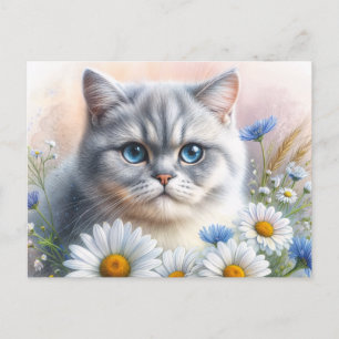 Cartão Postal Retrato Floral de Gato British Shorthair