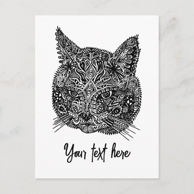 Cartão Postal Retrato Ornamental de Gato Negro e Branco (Frente)