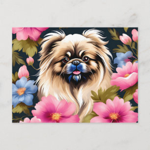 Cartão Postal Retrato Pekingese E Flores