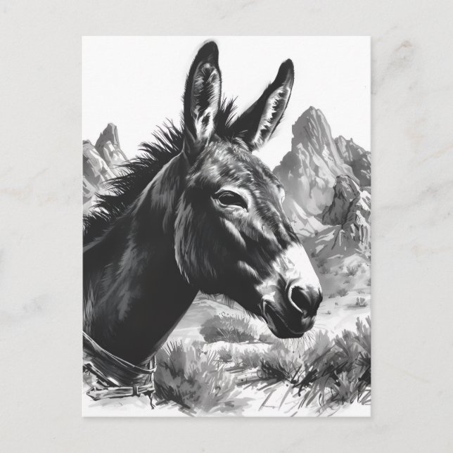 Cartão Postal Retrato preto e branco de burro no sudoeste (Frente)