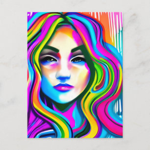 Cartão Postal Retrato Retro de uma Mulher com Cabelo Arco-íris
